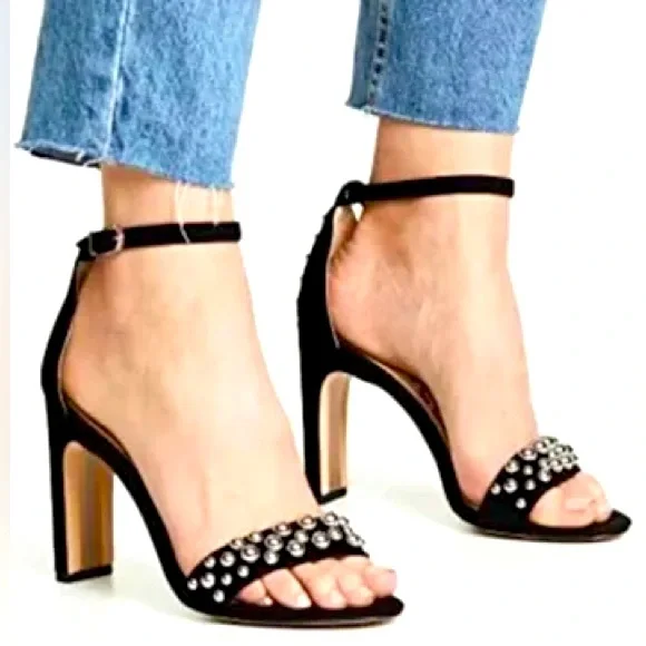 🪩SAM EDELMAN•Yoshi Black Suede Sandals silver studded embellishment •Size 7.5 - Picture 4 of 17